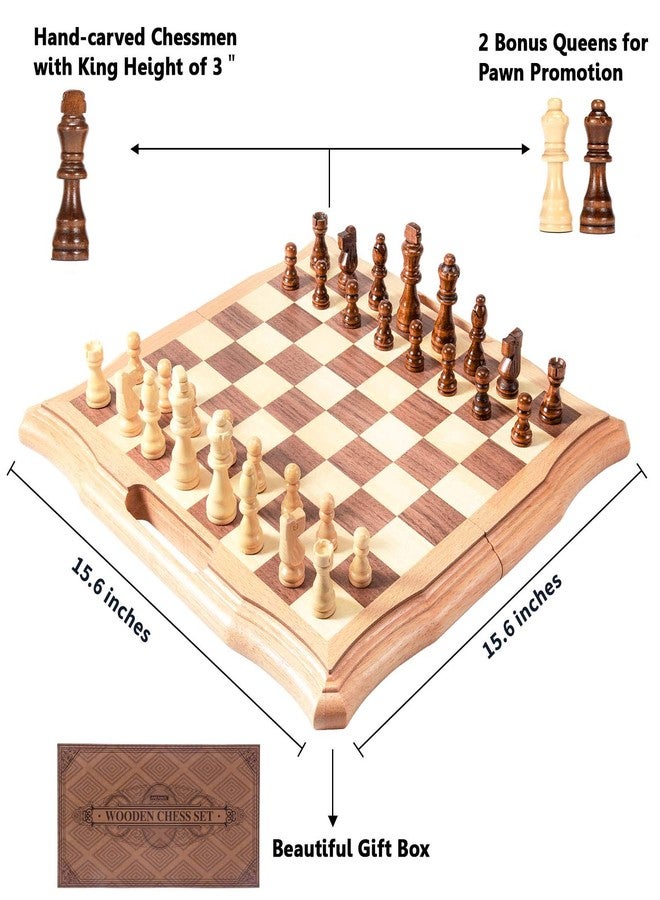 AMEROUS 15.6 inches Magnetic Wooden Chess Set, Handheld Style Chess Board Game Sets with Game Pieces Storage Slots - 2 Extra Queens - Gift Package, Chess for Beginner, Kids and Adults - Image 5